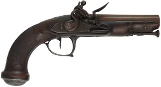 Antique Belt Pistol,
.58 caliber smoothbore, 5-1/4" octagon barrel, 
flintlock, checkered walnut, iron trim Antique Belt Pistol,
.58 caliber smoothbore, 5-1/4" octagon barrel, 
flintlock, checkered walnut, iron trim